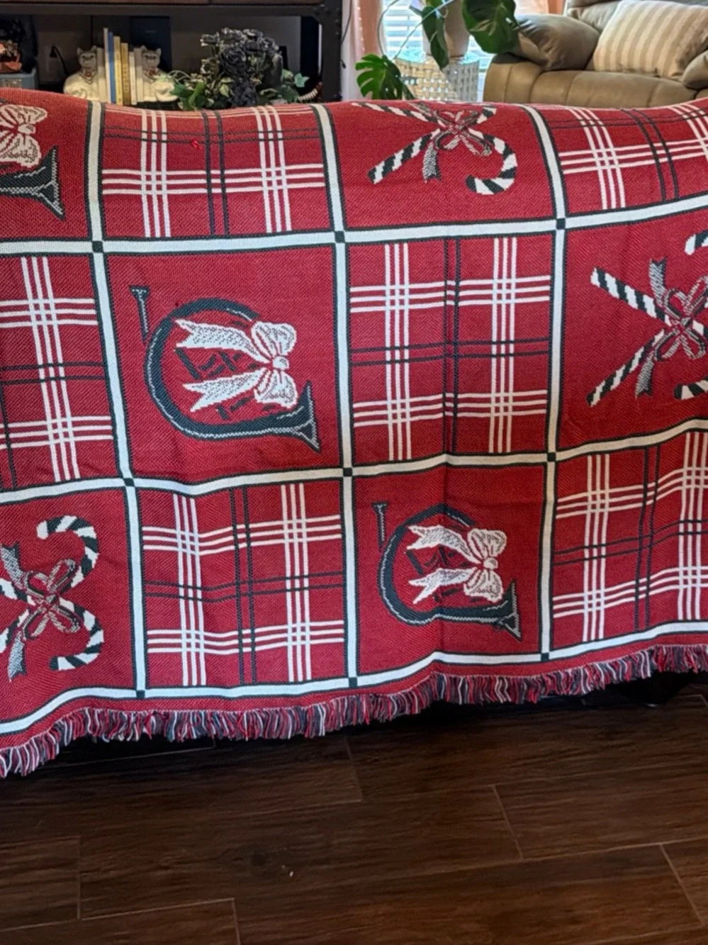 American Weavers Holiday Plaid Throw with Candy Cane & Bow Green, Red, Cream